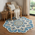 5' Blue and Ivory Round Wool Floral Hand Tufted Area Rug