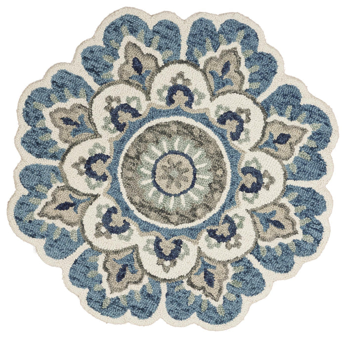 5' Blue and Ivory Round Wool Floral Hand Tufted Area Rug