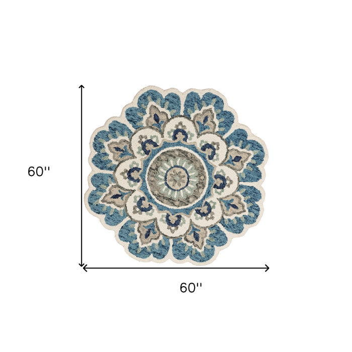 5' Blue and Ivory Round Wool Floral Hand Tufted Area Rug