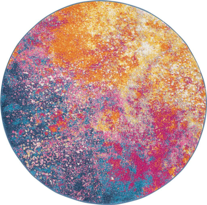 5' Blue And Orange Abstract Round Rug