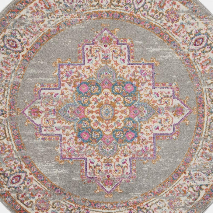 5' Gray And Gold Medallion Distressed Round Rug