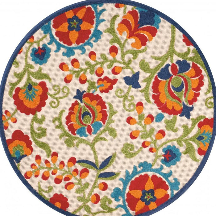 5' Green And Ivory Round Indoor Outdoor Area Rug