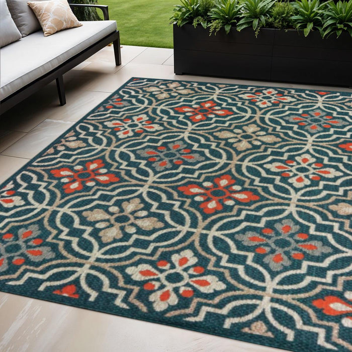 5' X 7' Blue And Orange Moroccan Indoor Outdoor Area Rug