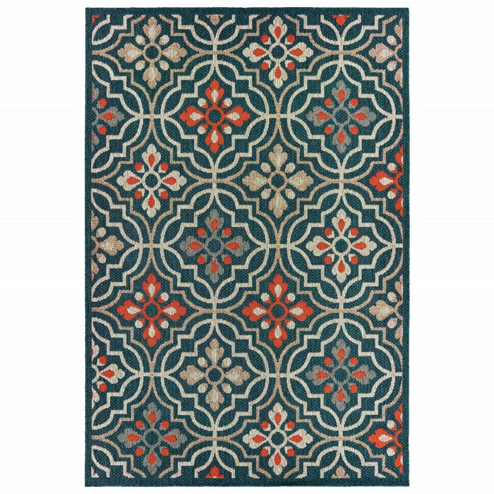 5' X 7' Blue And Orange Moroccan Indoor Outdoor Area Rug