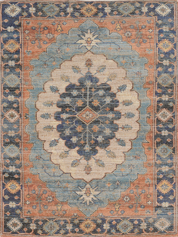 5' X 7' Blue Orange And Black Jute Medallion Hand Woven Area Rug