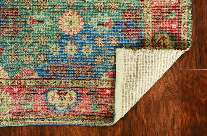 5' X 7' Blue Red And Beige Floral Medallion Hand Woven Distressed Area Rug