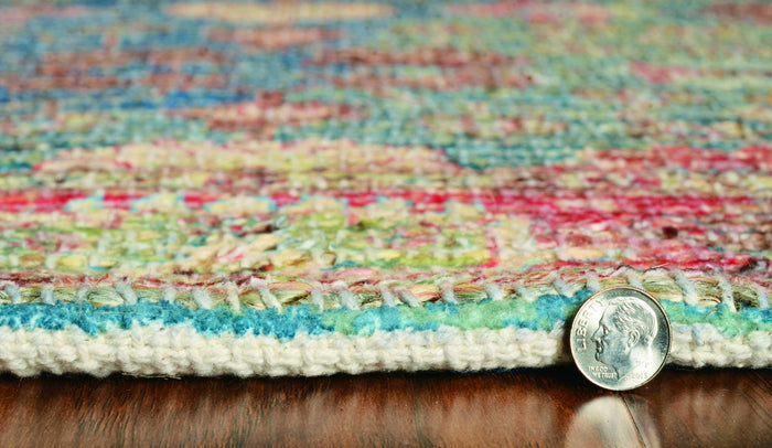 5' X 7' Blue Red And Beige Floral Medallion Hand Woven Distressed Area Rug