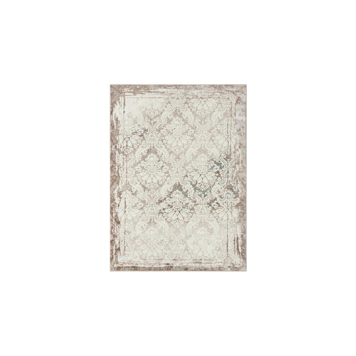 5' X 7' Cream Damask Stain Resistant Area Rug