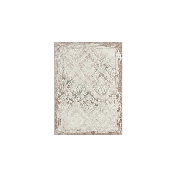 5' X 7' Cream Damask Stain Resistant Area Rug