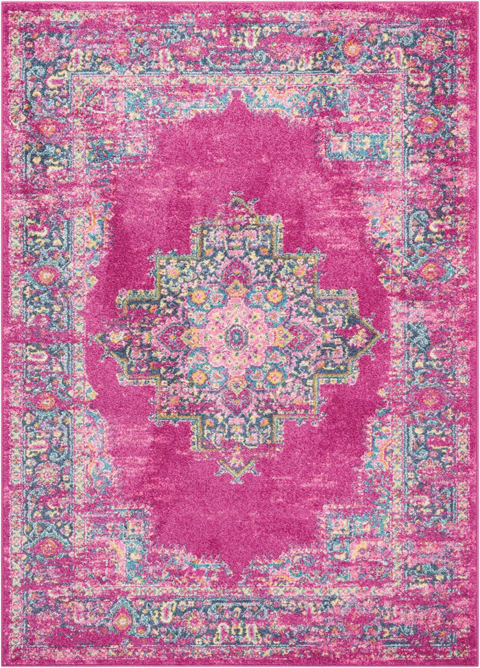 5' X 7' Fuchsia And Blue Oriental Distressed Area Rug