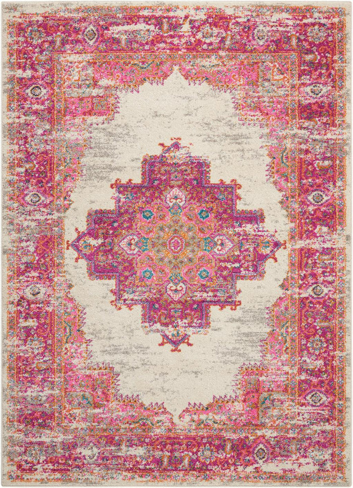 5' X 7' Ivory And Fuchsia Oriental Distressed Area Rug