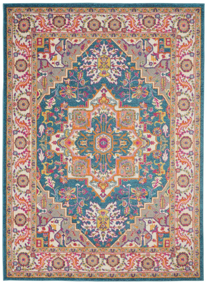5' X 7' Teal And Ivory Medallion Distressed Area Rug