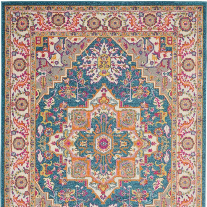 5' X 7' Teal And Ivory Medallion Distressed Area Rug