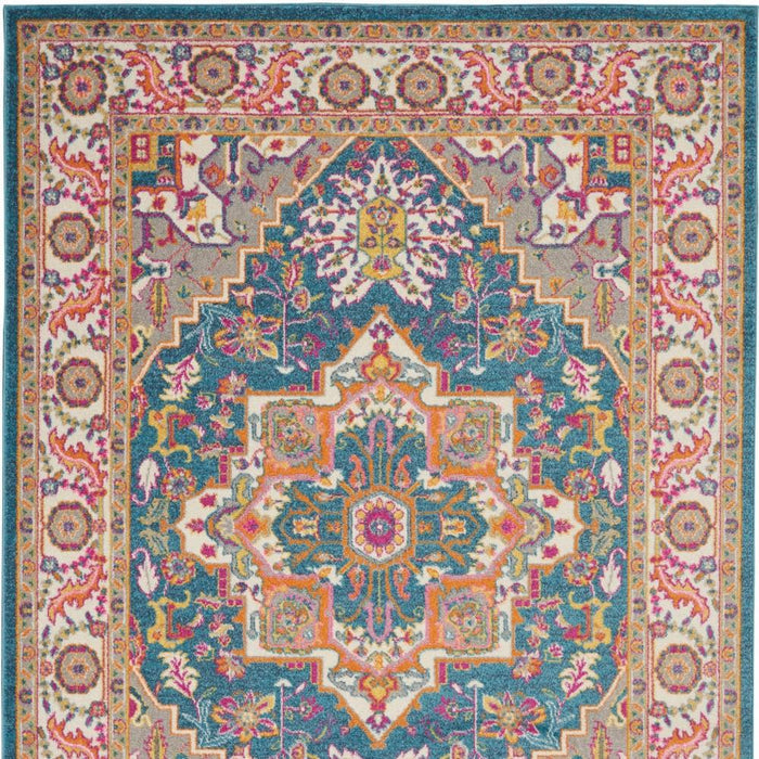 5' X 7' Teal And Ivory Medallion Distressed Area Rug