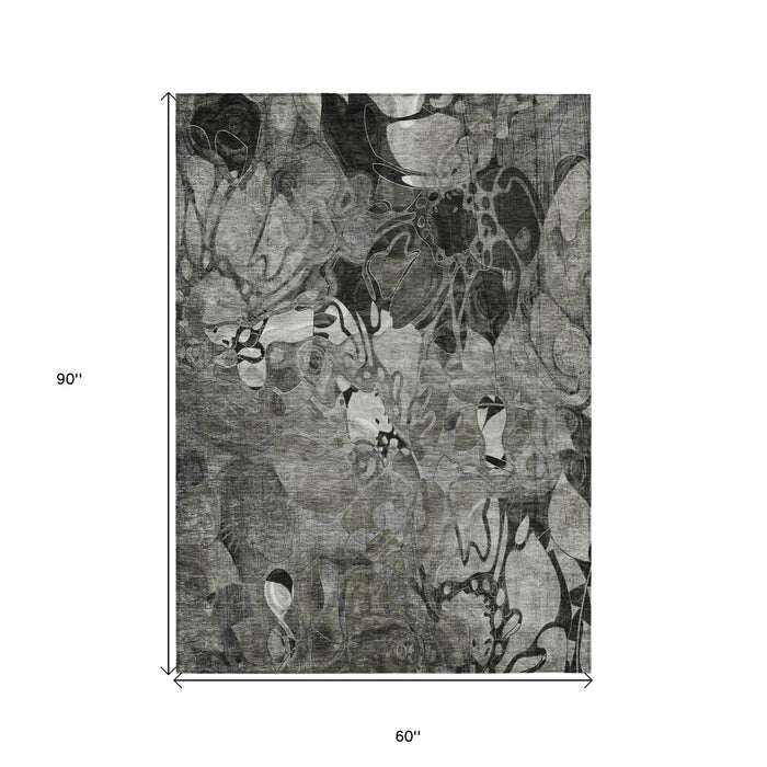5' X 8' Gray Abstract Washable Indoor Outdoor Area Rug