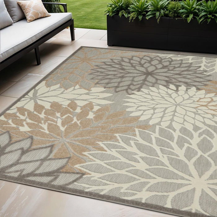 5' X 8' Gray And Ivory Floral Indoor Outdoor Area Rug