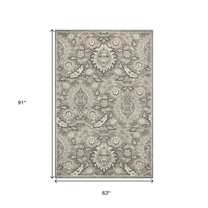5' X 8' Gray And Ivory Floral Medallion Area Rug