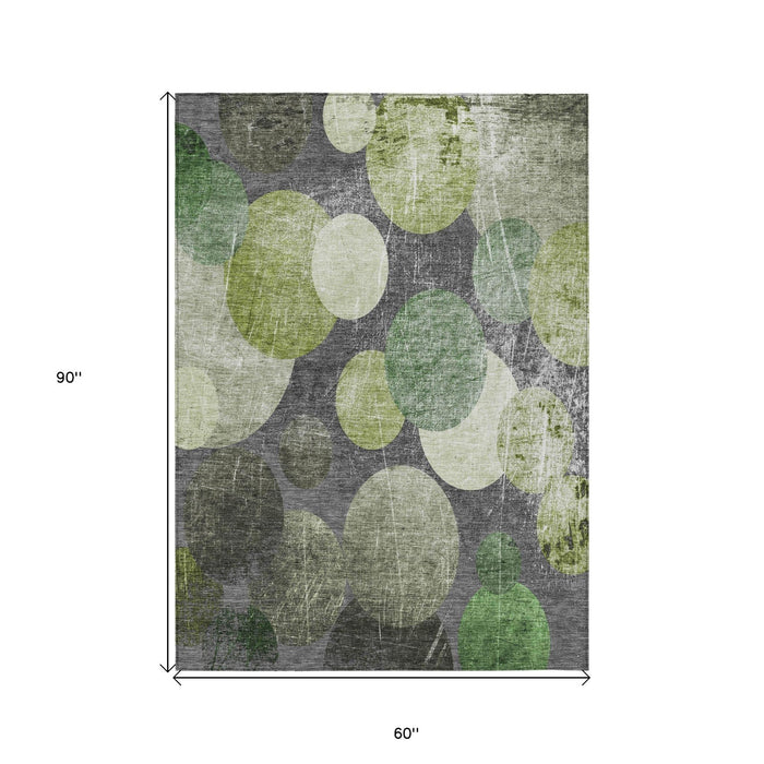 5' X 8' Green and Gray Abstract Washable Non Skid Indoor Outdoor Area Rug