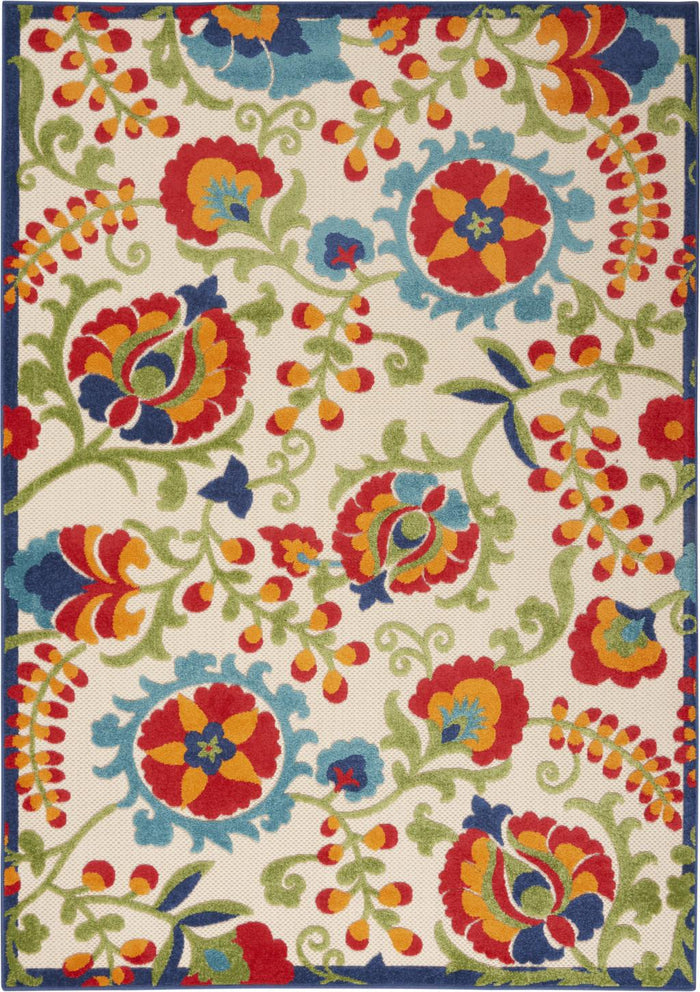 5' X 8' Green And Ivory Floral Indoor Outdoor Area Rug