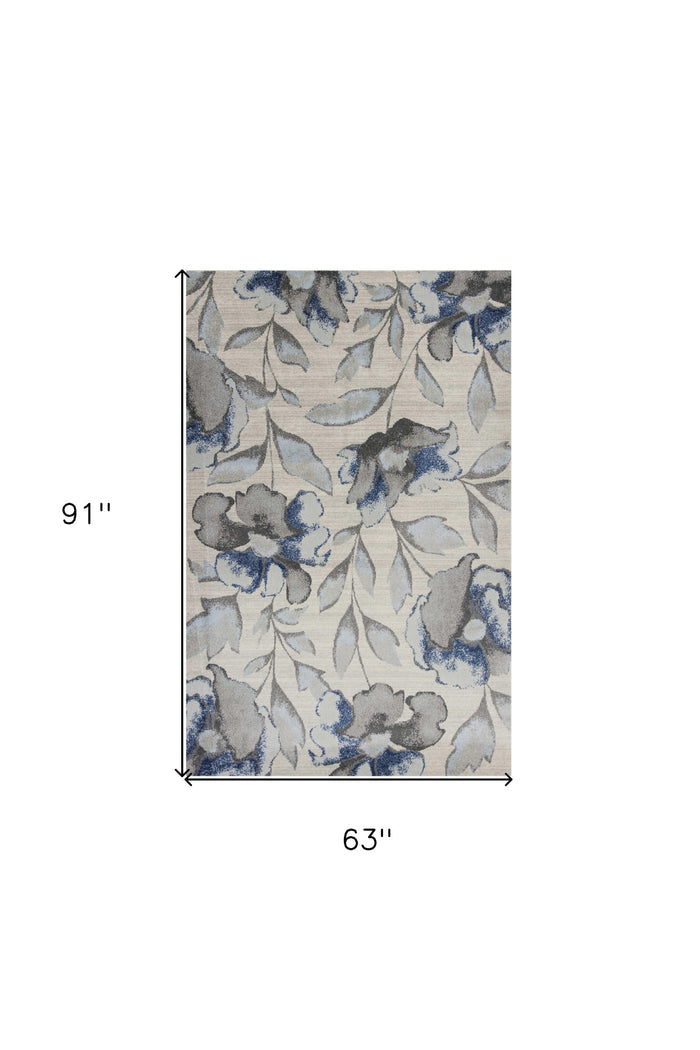 5' X 8' Ivory Blue And Gray Floral Vines Area Rug