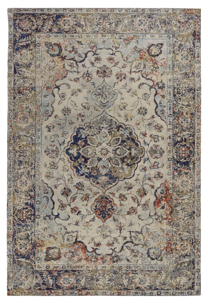 5' X 8' Ivory Blue And Orange Medallion Area Rug