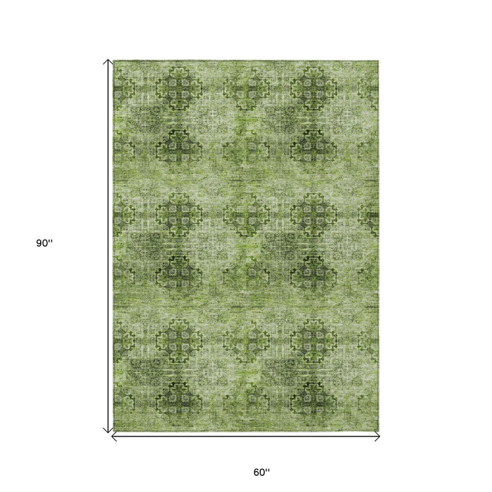 5' X 8' Olive Green Floral Medallion Washable Non Skid Indoor Outdoor Area Rug