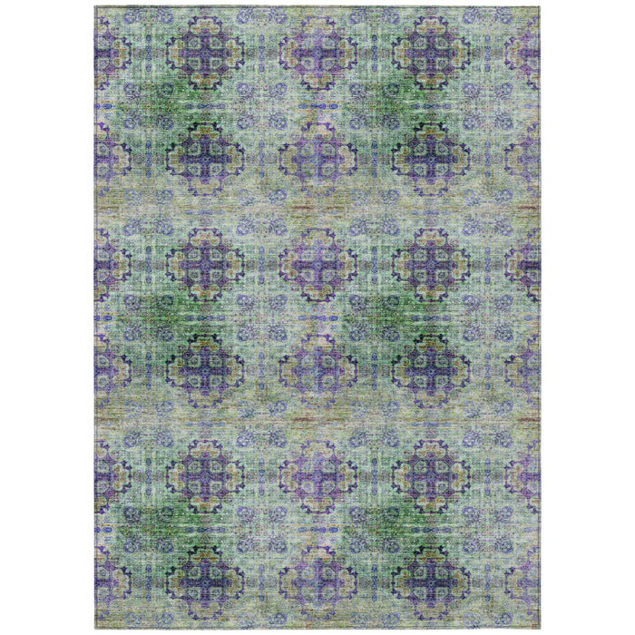 5' X 8' Purple and Green Floral Medallion Washable Non Skid Indoor Outdoor Area Rug
