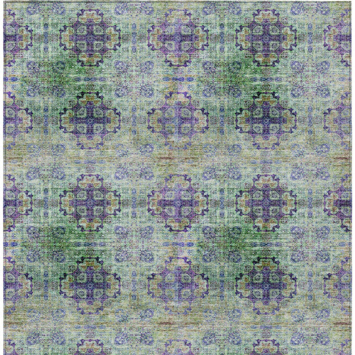 5' X 8' Purple and Green Floral Medallion Washable Non Skid Indoor Outdoor Area Rug