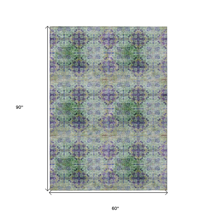 5' X 8' Purple and Green Floral Medallion Washable Non Skid Indoor Outdoor Area Rug