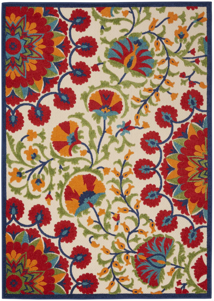 5' X 8' Red And Ivory Floral Indoor Outdoor Area Rug