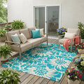 5' X 8' Teal and Ivory Floral Washable Non Skid Indoor Outdoor Area Rug