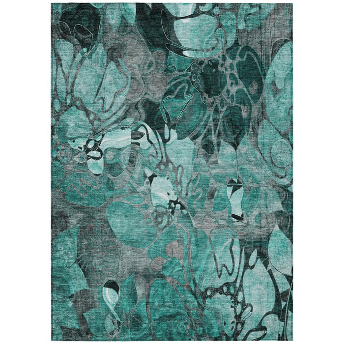 5' X 8' Teal Black and Gray Abstract Washable Indoor Outdoor Area Rug