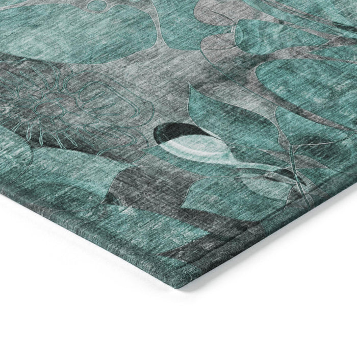 5' X 8' Teal Black and Gray Abstract Washable Indoor Outdoor Area Rug
