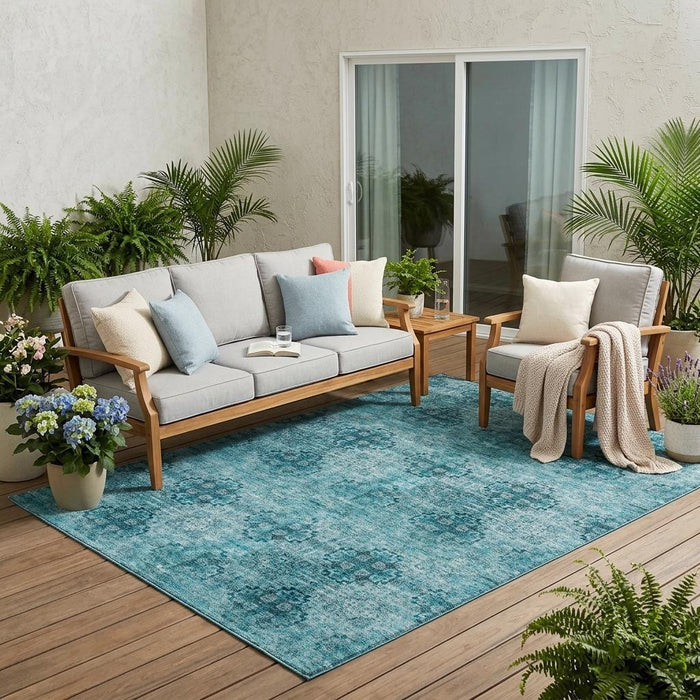 5' X 8' Teal Floral Medallion Washable Non Skid Indoor Outdoor Area Rug
