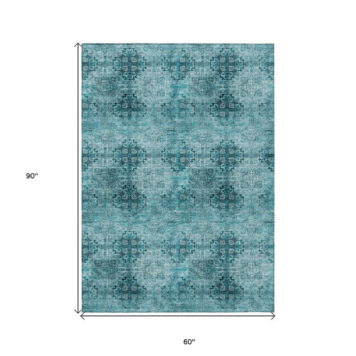 5' X 8' Teal Floral Medallion Washable Non Skid Indoor Outdoor Area Rug