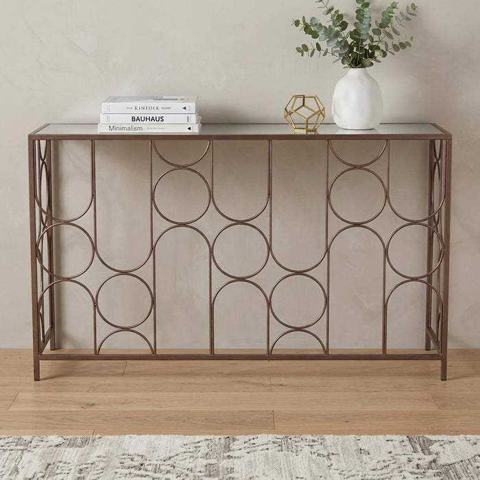 50" Clear and Bronze Mirrored Glass and Steel Frame Console Table