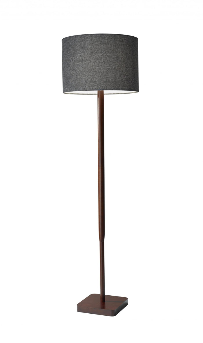 59" Brown And Black Solid Wood Floor Lamp With Dark Gray Fabric Drum Shade