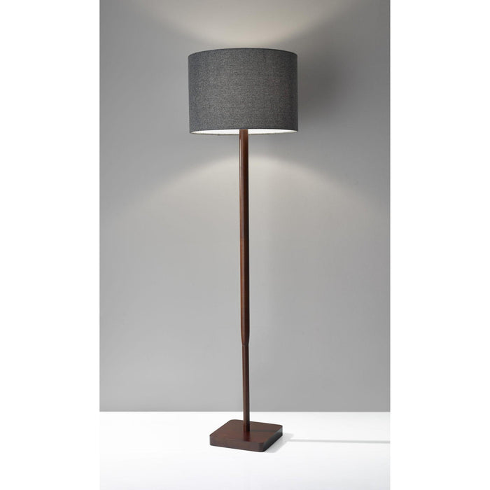 59" Brown And Black Solid Wood Floor Lamp With Dark Gray Fabric Drum Shade