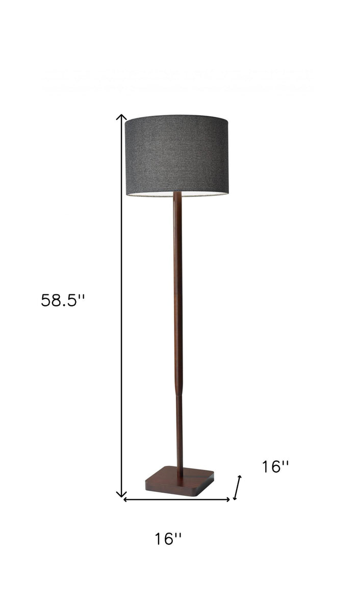 59" Brown And Black Solid Wood Floor Lamp With Dark Gray Fabric Drum Shade
