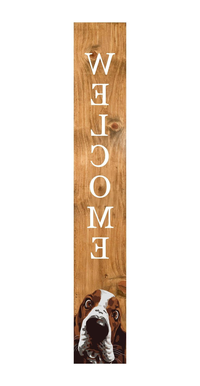 59" Natural And White Solid Wood Basset Hound Welcome Porch Sign