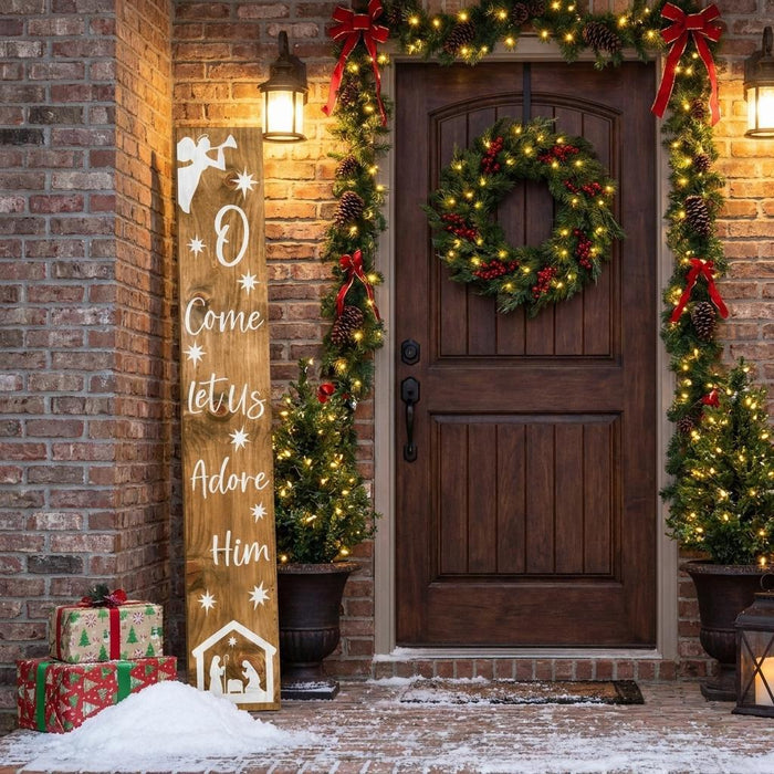 59" Natural And White Solid Wood Christmas Nativity Porch Sign