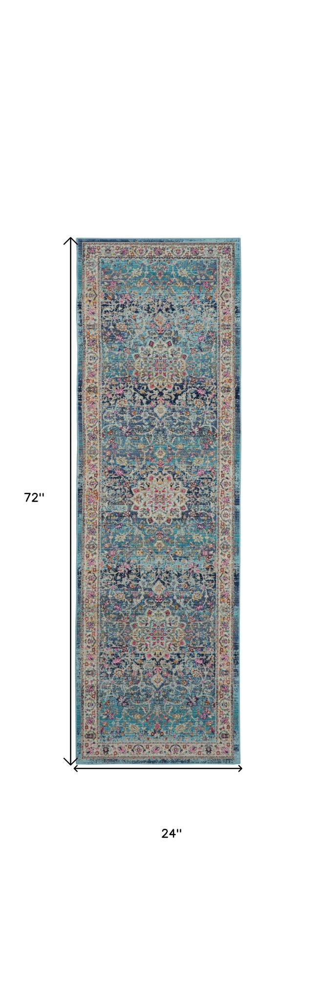 6' Blue and Beige Floral Distressed Runner Rug