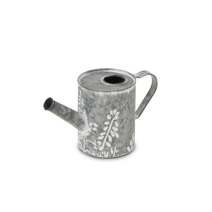6" Gray And White Galvanized Metal Flowers Hand Painted Decorative Watering Can