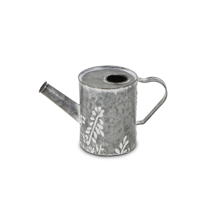 6" Gray And White Galvanized Metal Flowers Hand Painted Decorative Watering Can