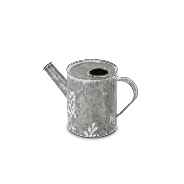 6" Gray And White Galvanized Metal Flowers Hand Painted Decorative Watering Can