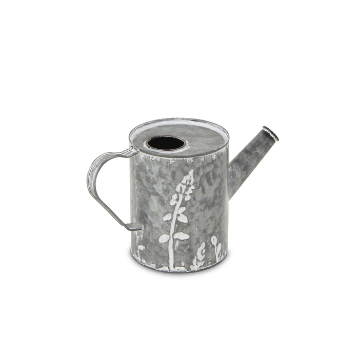 6" Gray And White Galvanized Metal Flowers Hand Painted Decorative Watering Can