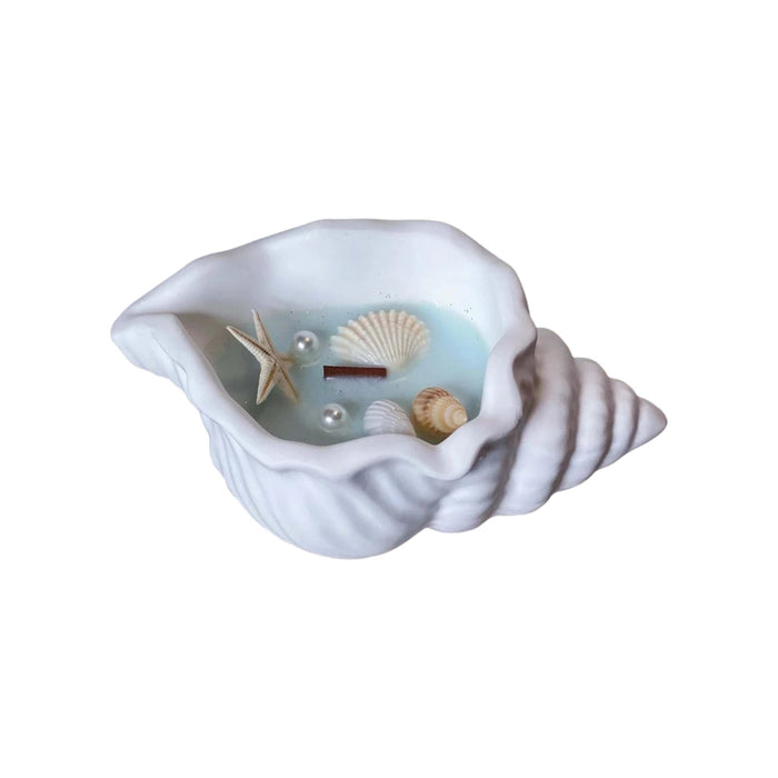 6" Light Blue High Tide Scented Candle In White Resin Novelty Holder With Shells
