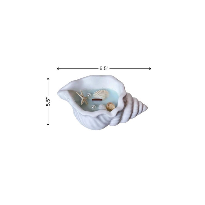 6" Light Blue Sea Salt And Orchid Scented Candle In White Resin Novelty Holder With Shells