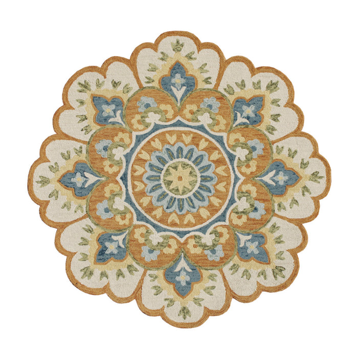 6' Orange and Blue Round Wool Floral Hand Tufted Area Rug
