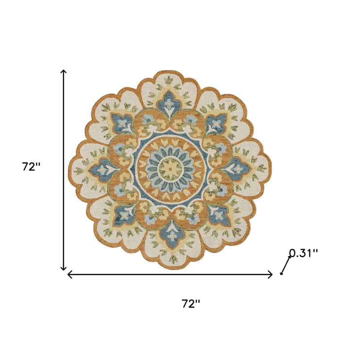 6' Orange and Blue Round Wool Floral Hand Tufted Area Rug